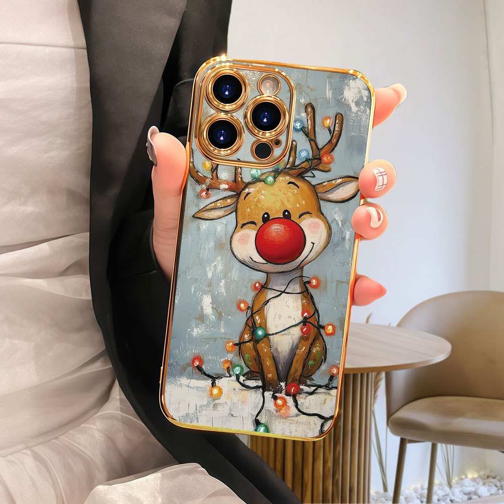 Festive hand-painted reindeer with colorful lights, warm winter vibe | PC hard case | Premium electroplating, lightweight design, comfortable grip highlights personality | Compatible with iPhone 17/ 16/ 15/ 14/ 13/ 12/ 11 Pro