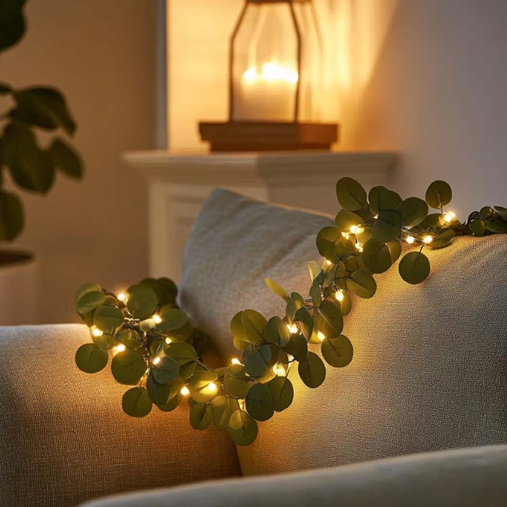 4pcs 78.74-Inch 20-Light Eucalyptus Leaf Wreath String Pendant with Teardrop Top - Battery-Powered Christmas Decoration with Warm Light, Realistic Leaves, Perfect for Centerpieces, Holiday Decorations, Classic Design.