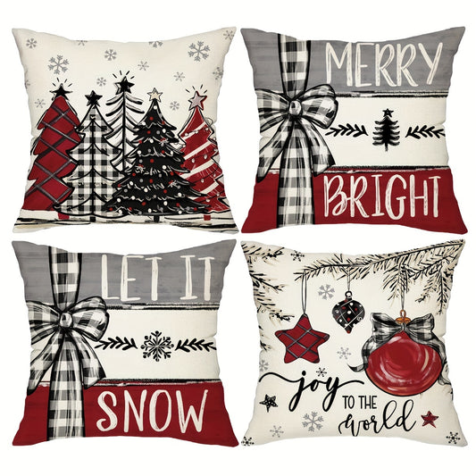 4-Pack Country-Rustic Christmas Throw Pillow Covers, Hand Wash Only, Striped Pattern with Zipper Closure, Woven Polyester, Festive Farmhouse Decorative Cushion Cases for Various Room Types, 18x18" Holiday Pillowcases for Porc