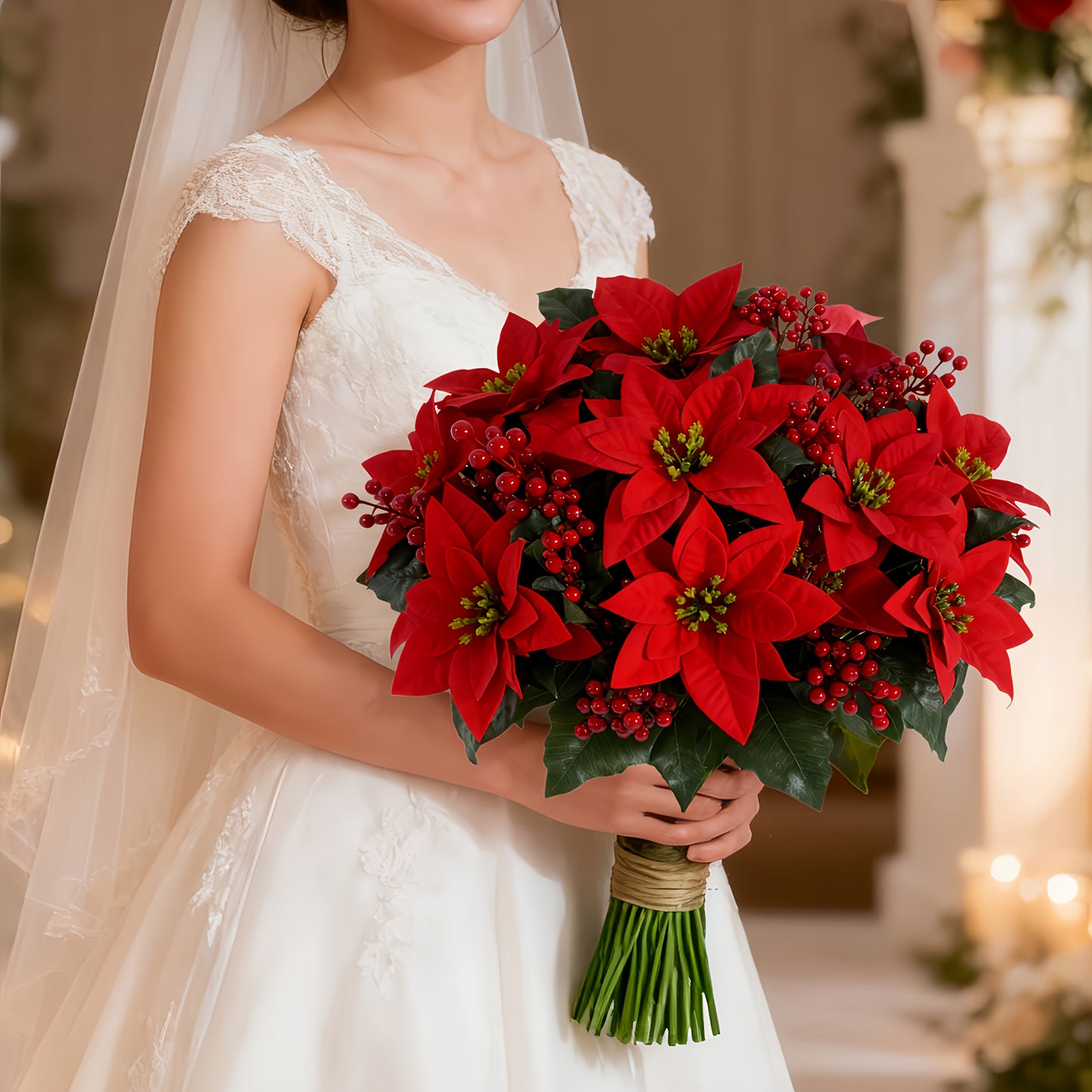 Artificial Poinsettia Branches (12 pcs) – Red Flowers & Berries Christmas Décor