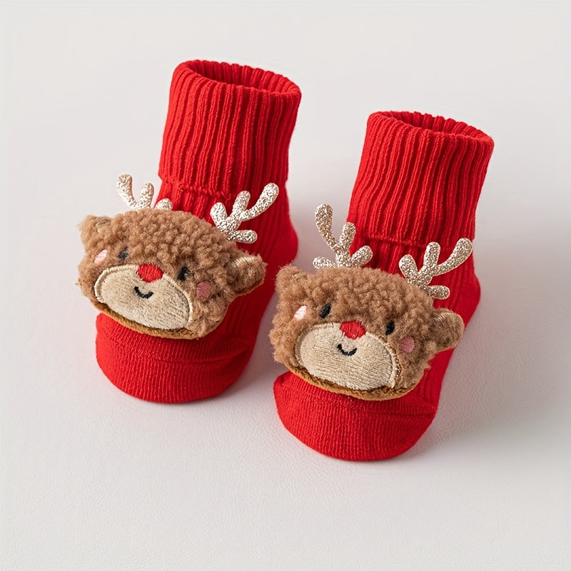 Girls' Christmas Socks, Cute Santa Reindeer Snowman & Snowflake Holiday Party Outfits, Soft Stretchy Knit-like Texture, Festive Gift for Youngsters, 1-Pair, All-Season Indoor/Outdoor Wear, Hand Washable