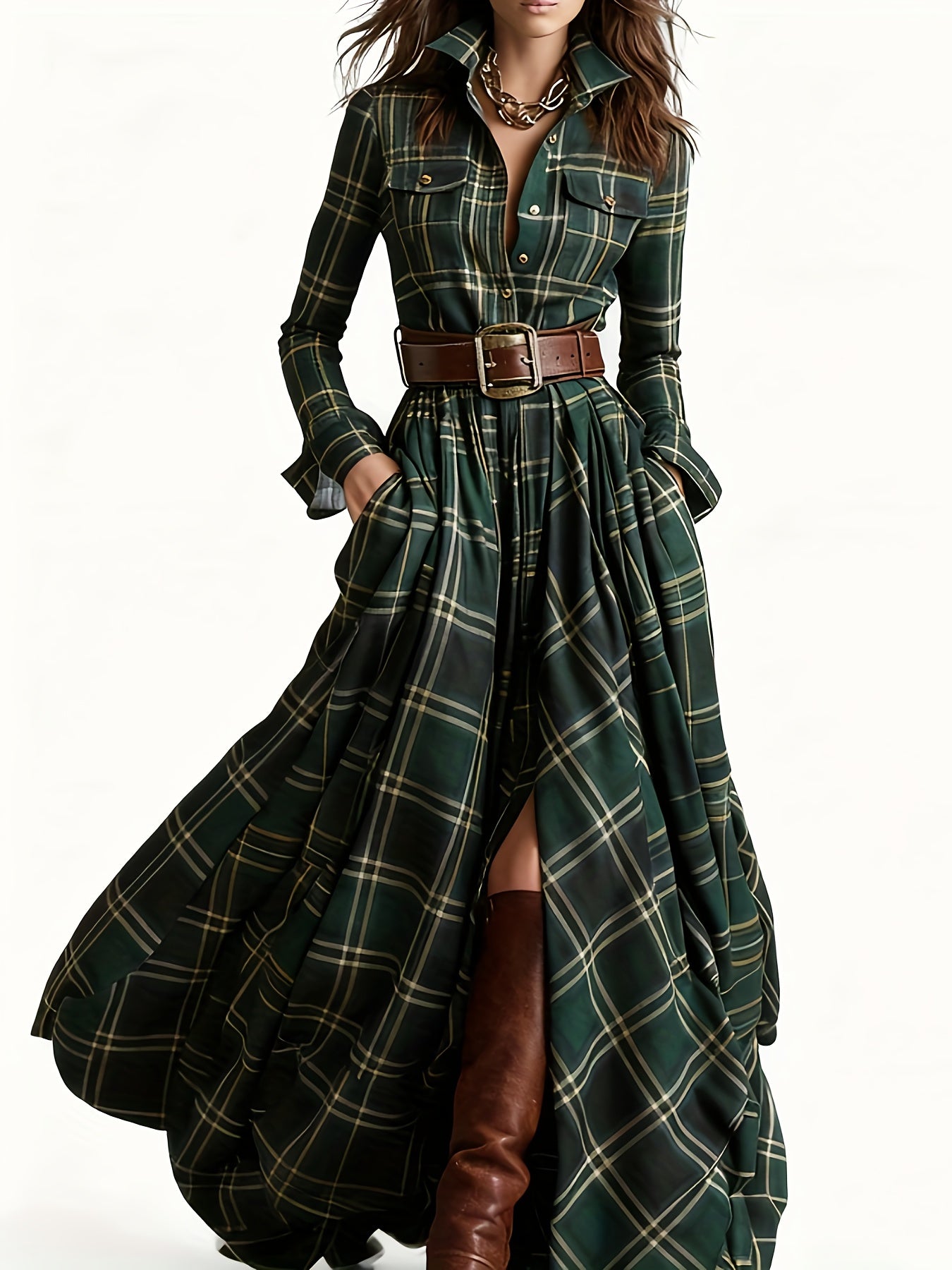 Women'S Vintage Shirt Dress - Long Formal & casual dresses with Turn- Collar, Flared Hem, All-Season Elegant office party Outfit in Brown/Red Plaid - Non-Padded Retro Attire