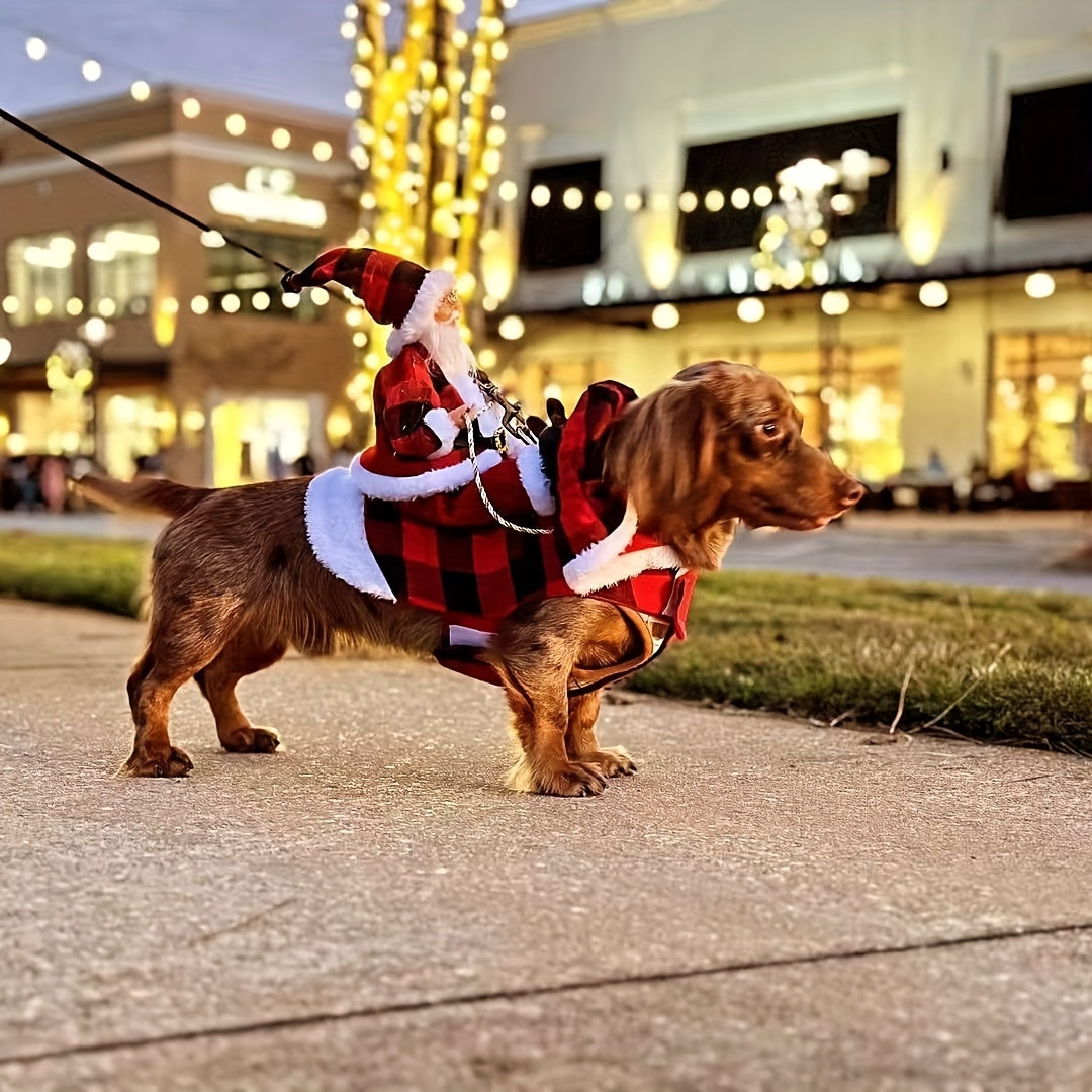 Dog & Cat Christmas Costume - Santa Claus Riding Hooded Coat with Plaid Winter Outfit, Magic Tape Closure, Soft Xmas Dog Clothes for Medium Dogs & Cats, Holiday Party Attire & Pet Photo Shoots