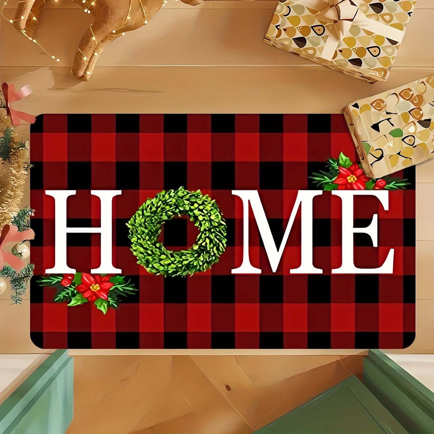 [Festive Christmas Doormat] Christmas-Themed Welcome Doormat - 1pc Festive Wreath Design with "HOME" Text | Washable Polyester, Ideal for Entryway, Bedroom, Bathroom, Kitchen, Laundry Room - Holiday Home Decor, Christmas Deco