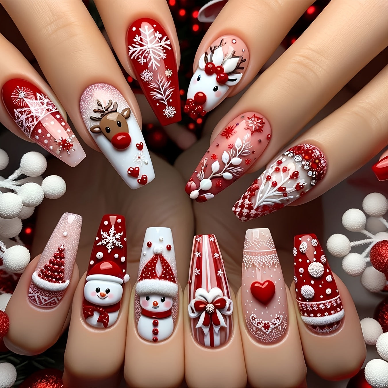 Christmas Holiday 24pcs Long Coffin Shape Press-On Nails Set - Glossy Finish, Mixed Color Nail Art Kit - Snowman, Snowflakes, Reindeer, Fireworks, Christmas Tree & Heart Patterns for Women