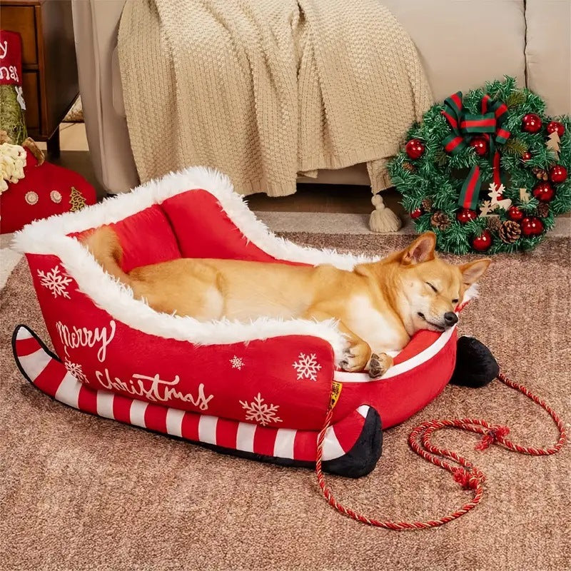 Christmas Sled Dog Bed – Plush Winter Pet Bed with Removable Washable Cover (S/M/L)