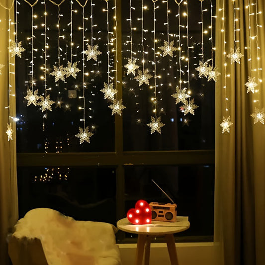 [YETHKE Snowflake Curtain Light] YETHKE 1pc Snowflake Curtain Light - 96 LED USB Plug String Lights with 8 Modes, Warm White & Multicolor Indoor Fairy Lights for Christmas Wedding Party Chandelier Luminarias Decor, Event Ligh