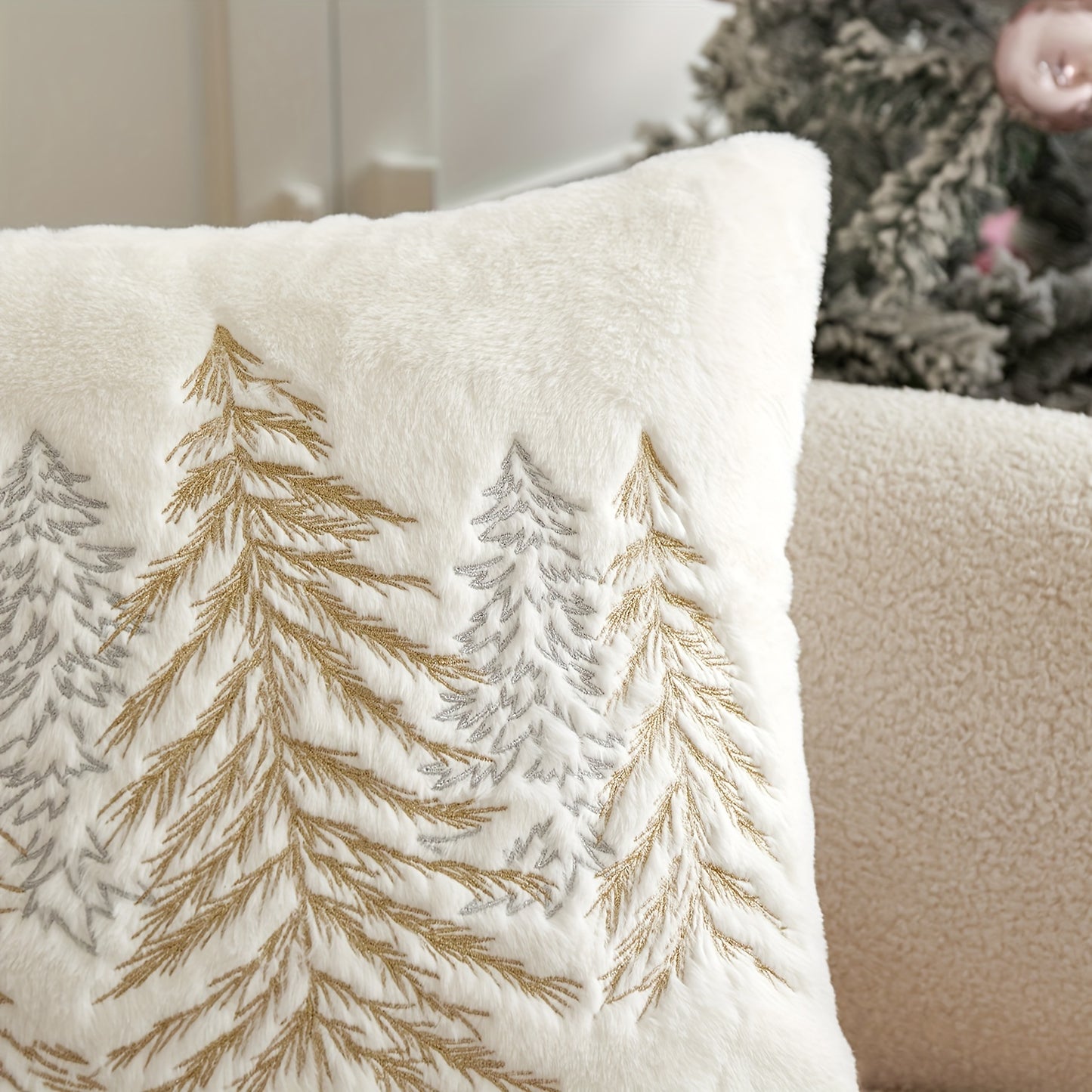 Christmas Tree Embroidered Pillowcase – Gold & Silver Holiday Décor (Cover Only)