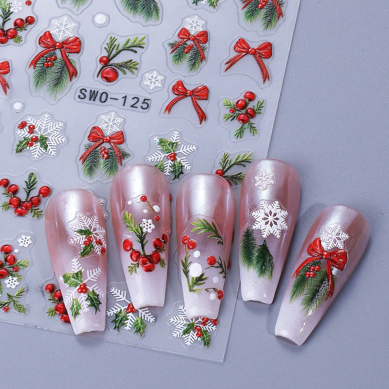 2pcs Self-Adhesive 5D Embossed Christmas Nail Stickers - Red & Golden Holly Berry Snowflake 3D Decals, DIY Winter Nail Art with Sliders for Press-On Nails, Glossy (No Glue) - Plastic Holiday Manicure for Parties & Gifts