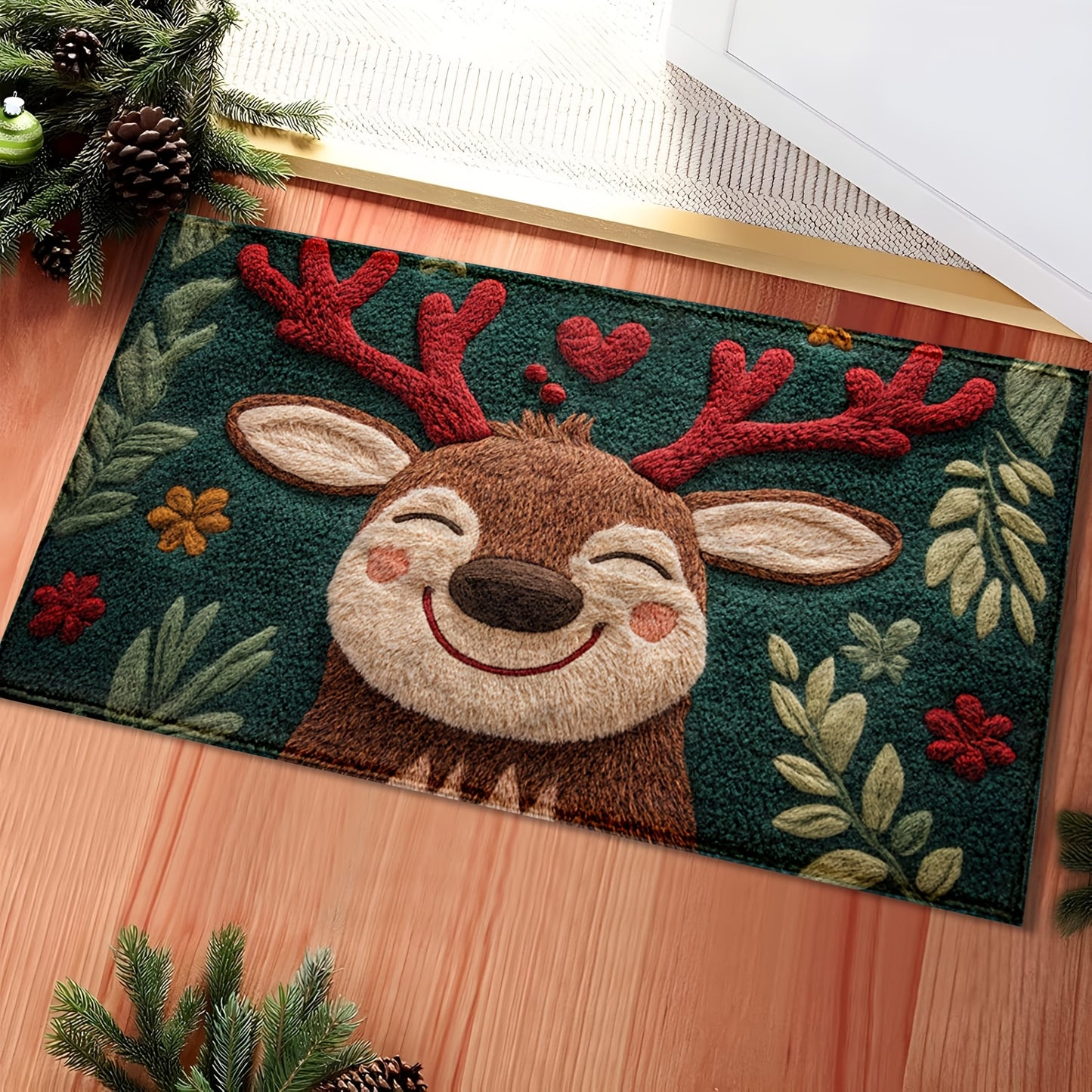 Fluffy Christmas Deer Microfiber Bath Mat - Quick-Dry & Absorbent, Festive Holiday Design with Red Berries & Green Leaves, Perfect for Kitchen & Bathroom Decor, Machine Washable, Christmas Bathroom Decor