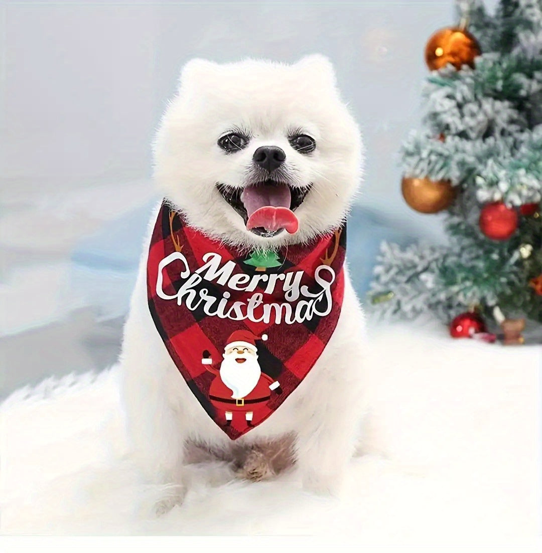 Christmas Dog Bandana- Santa Print& "Merry Christmas" Plaid Bib for Small/Medium Dogs- Adjustable Holiday Party Accessory- Festive Cozy Fit Pet Scarf