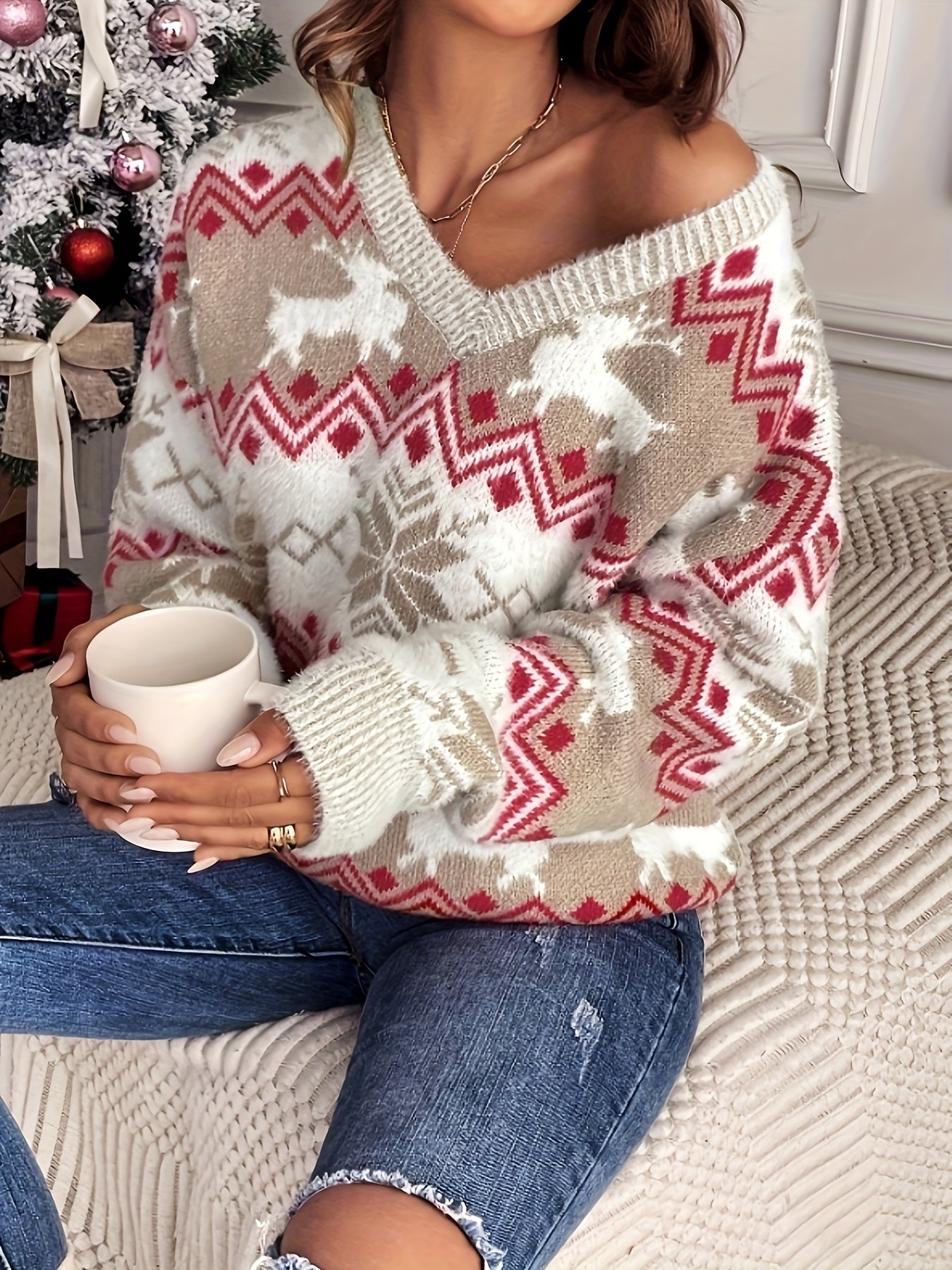 Cat Ear Directional [Tenggong Pool Elegant Directional Model] Elk Snowflake Christmas Pattern V-neck Pullover