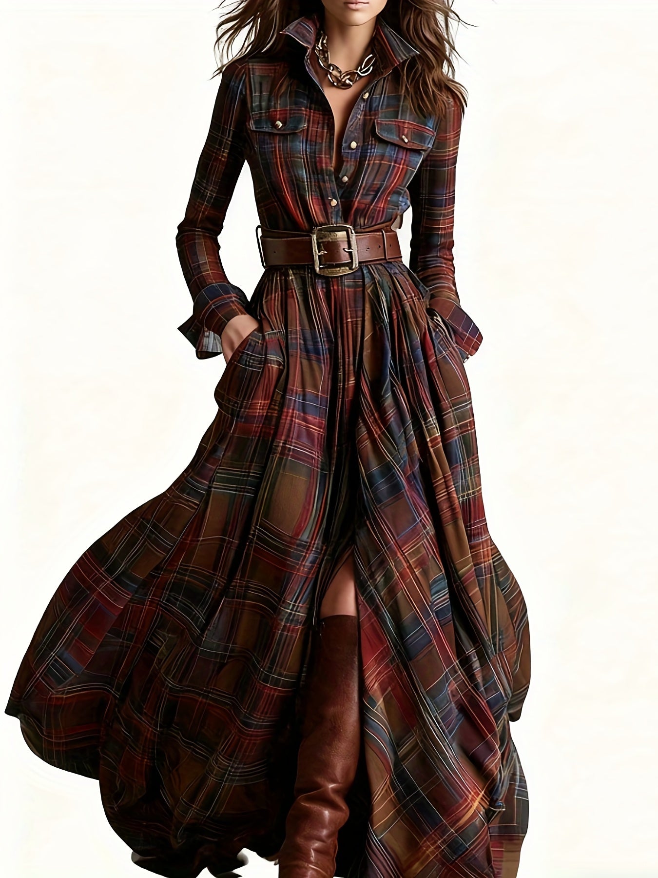 Women'S Vintage Shirt Dress - Long Formal & casual dresses with Turn- Collar, Flared Hem, All-Season Elegant office party Outfit in Brown/Red Plaid - Non-Padded Retro Attire