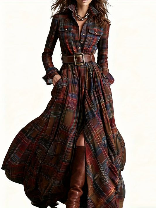Women'S Vintage Shirt Dress - Long Formal & casual dresses with Turn- Collar, Flared Hem, All-Season Elegant office party Outfit in Brown/Red Plaid - Non-Padded Retro Attire