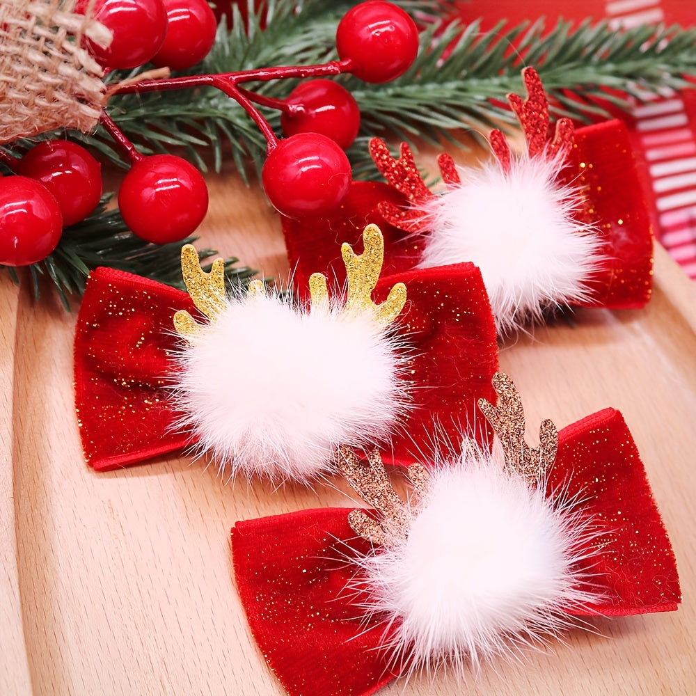 3pcs Handmade Plush Dog Bows with Antlers - Large Removable Hair Clips for Christmas, New Year & Winter Parties, Soft Pet Grooming Accessories (Golden/Brown/White) - for Pomeranian, Shih Tzu, Poodle, Yorkshire Terrier & Small