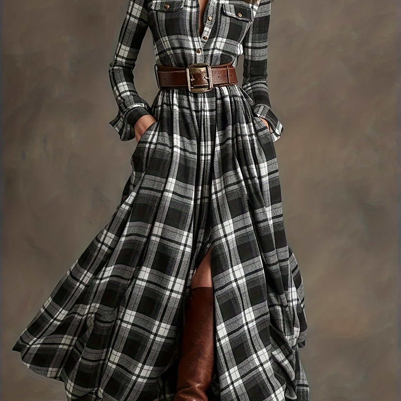 Women'S Vintage Shirt Dress - Long Formal & casual dresses with Turn- Collar, Flared Hem, All-Season Elegant office party Outfit in Brown/Red Plaid - Non-Padded Retro Attire
