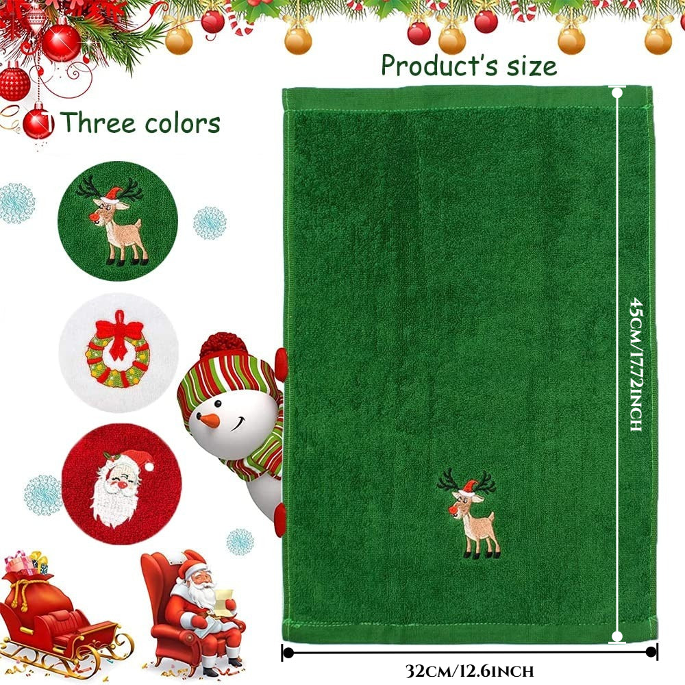 [Christmas] Set of Three Decorative Hand Towels for Christmas Featuring Embroidered Designs of Santa Claus, a Reindeer, a Snowman, And a Christmas Tree. Ideal for Use in The Kitchen Or Bathroom, These Towels Are Perfect for D