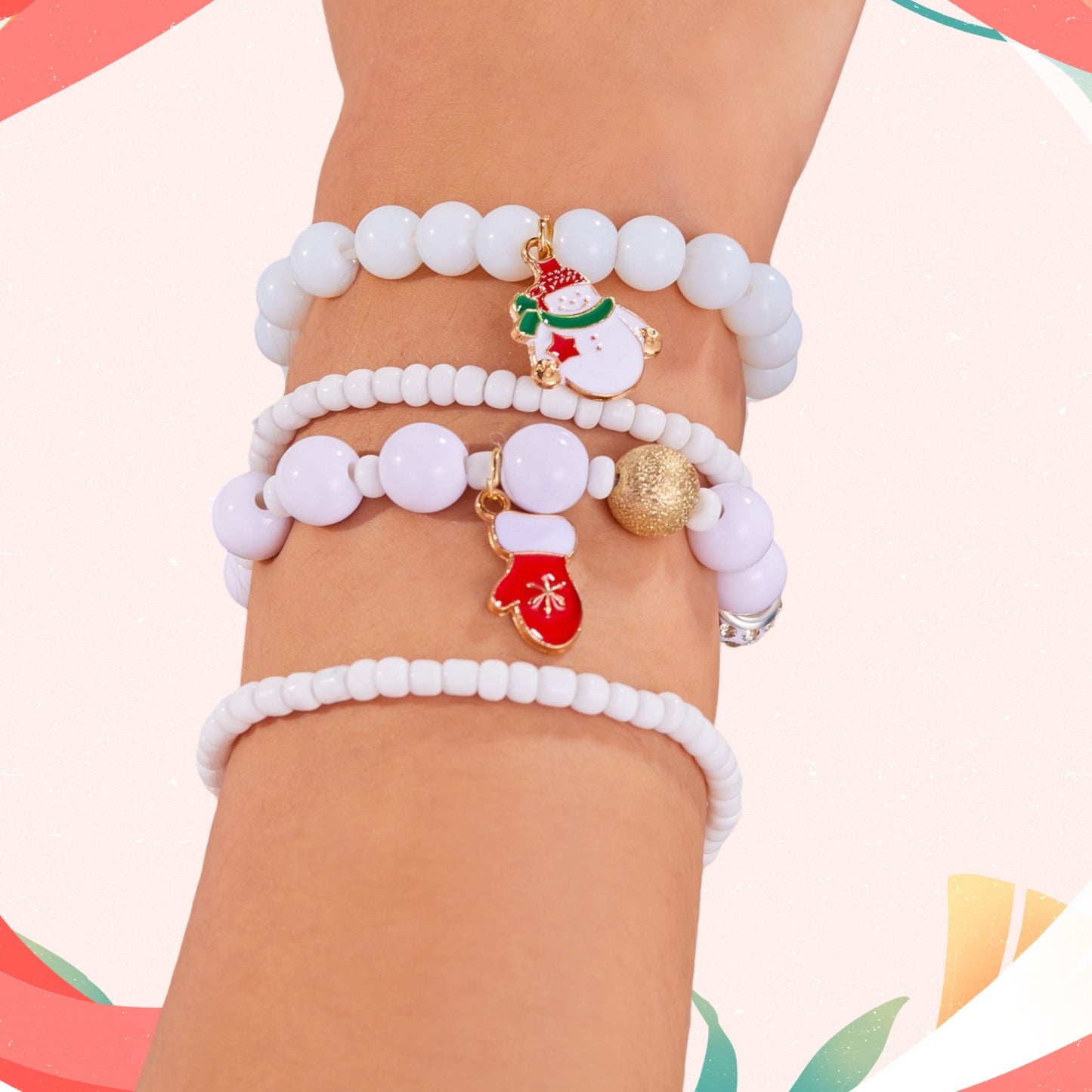 Christmas Charm Bracelet Set of 4 - Cute Holiday Santa, Reindeer, Glove Pendant - Daily Wear Fashion Jewelry - Perfect for Christmas Gift-Giving - Soft Clay Material - All Seasons Compatible