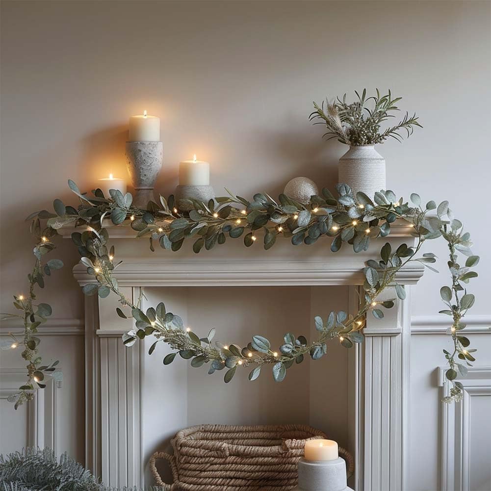 4pcs 78.74-Inch 20-Light Eucalyptus Leaf Wreath String Pendant with Teardrop Top - Battery-Powered Christmas Decoration with Warm Light, Realistic Leaves, Perfect for Centerpieces, Holiday Decorations, Classic Design.
