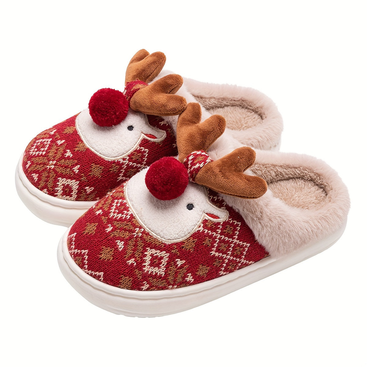 Christmas Reindeer Plush Slippers – Cozy Fleece-Lined Indoor Shoes for Couples