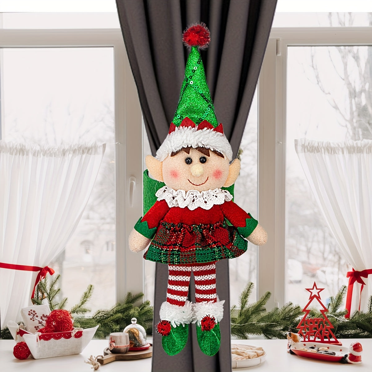 Christmas Elf Curtain Tieback – Festive Window Decor for Holiday Homes