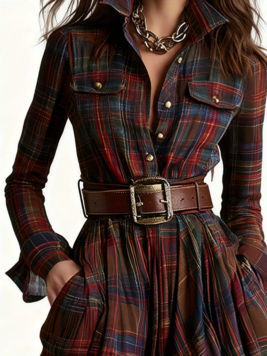 Women'S Vintage Shirt Dress - Long Formal & casual dresses with Turn- Collar, Flared Hem, All-Season Elegant office party Outfit in Brown/Red Plaid - Non-Padded Retro Attire