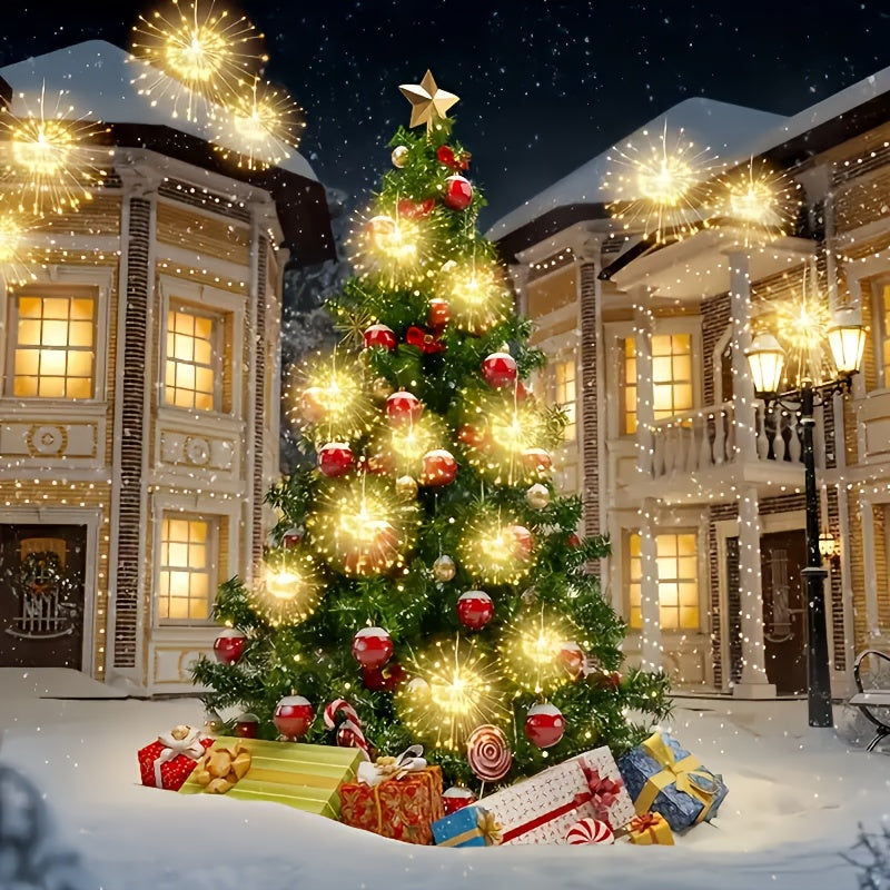 4/5pcs Hanging Solar Powered Outdoor Firework Lights, 240/360/450 LED Sparkling Starburst Sphere Lights, Warm White/Multicolor/White, 8 Modes Copper Wire Fairy Lights For Patio, Umbrella, Eave, Garden, Tree, Tent, Christmas,