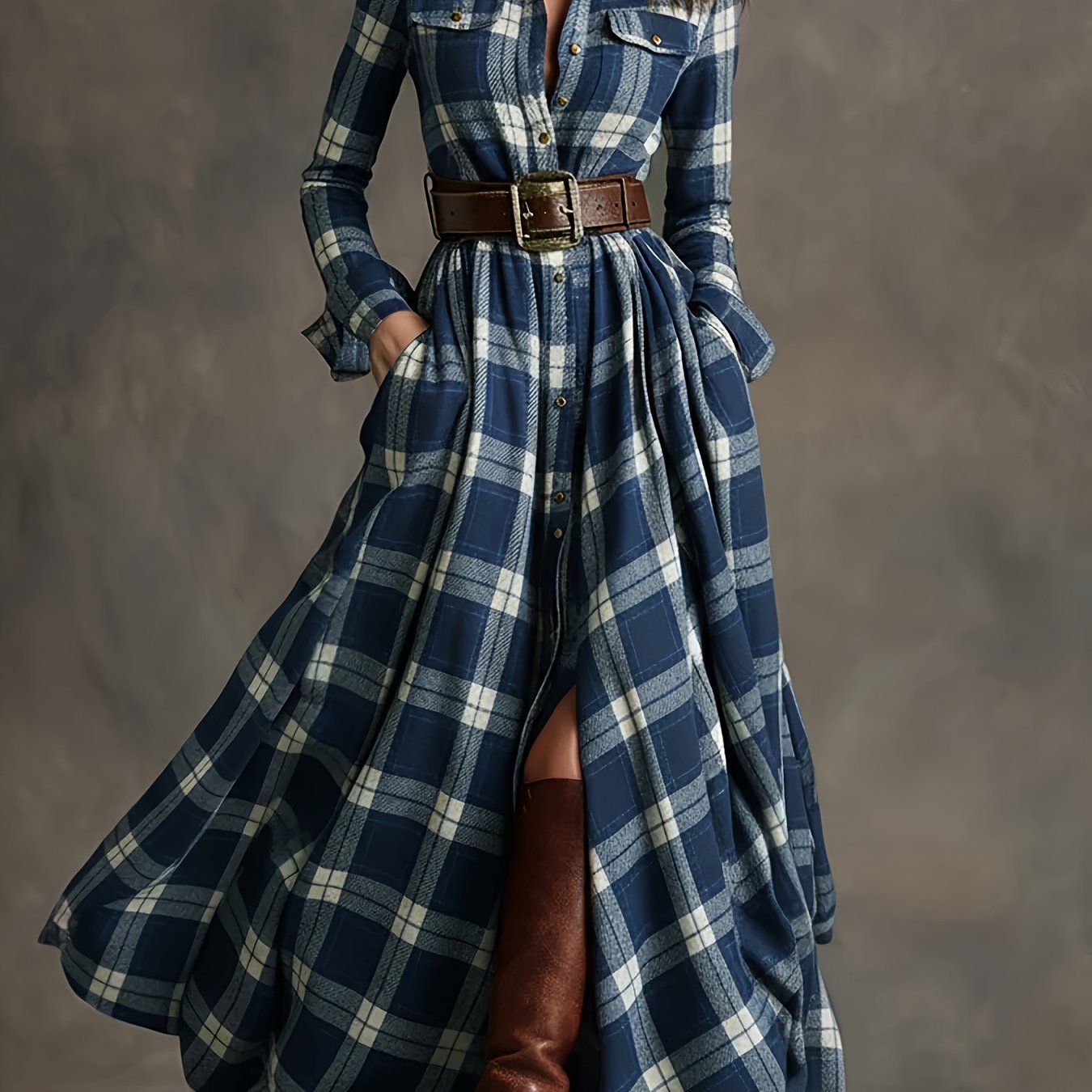 Women'S Vintage Shirt Dress - Long Formal & casual dresses with Turn- Collar, Flared Hem, All-Season Elegant office party Outfit in Brown/Red Plaid - Non-Padded Retro Attire