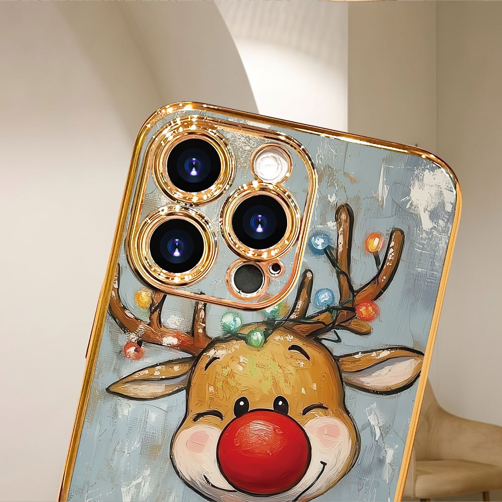 Festive hand-painted reindeer with colorful lights, warm winter vibe | PC hard case | Premium electroplating, lightweight design, comfortable grip highlights personality | Compatible with iPhone 17/ 16/ 15/ 14/ 13/ 12/ 11 Pro