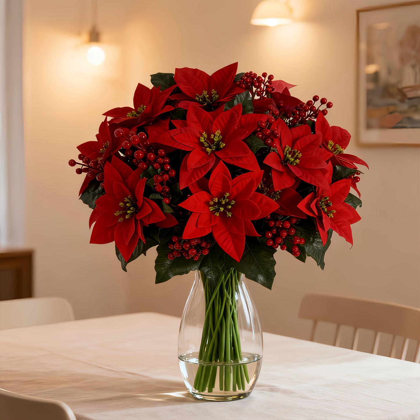 Artificial Poinsettia Branches (12 pcs) – Red Flowers & Berries Christmas Décor