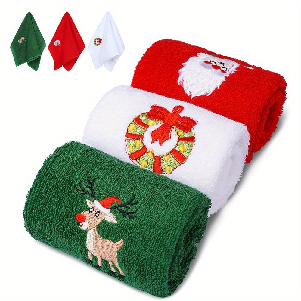 [Christmas] Set of Three Decorative Hand Towels for Christmas Featuring Embroidered Designs of Santa Claus, a Reindeer, a Snowman, And a Christmas Tree. Ideal for Use in The Kitchen Or Bathroom, These Towels Are Perfect for D