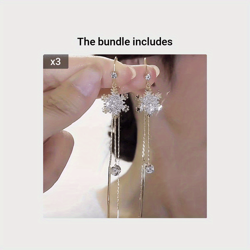 [Elegant Earrings] Elegant Snowflake Dangle Earrings | Long Chain Design With Sparkling Zirconia Inlaid Copper Jewelry Party Ornaments