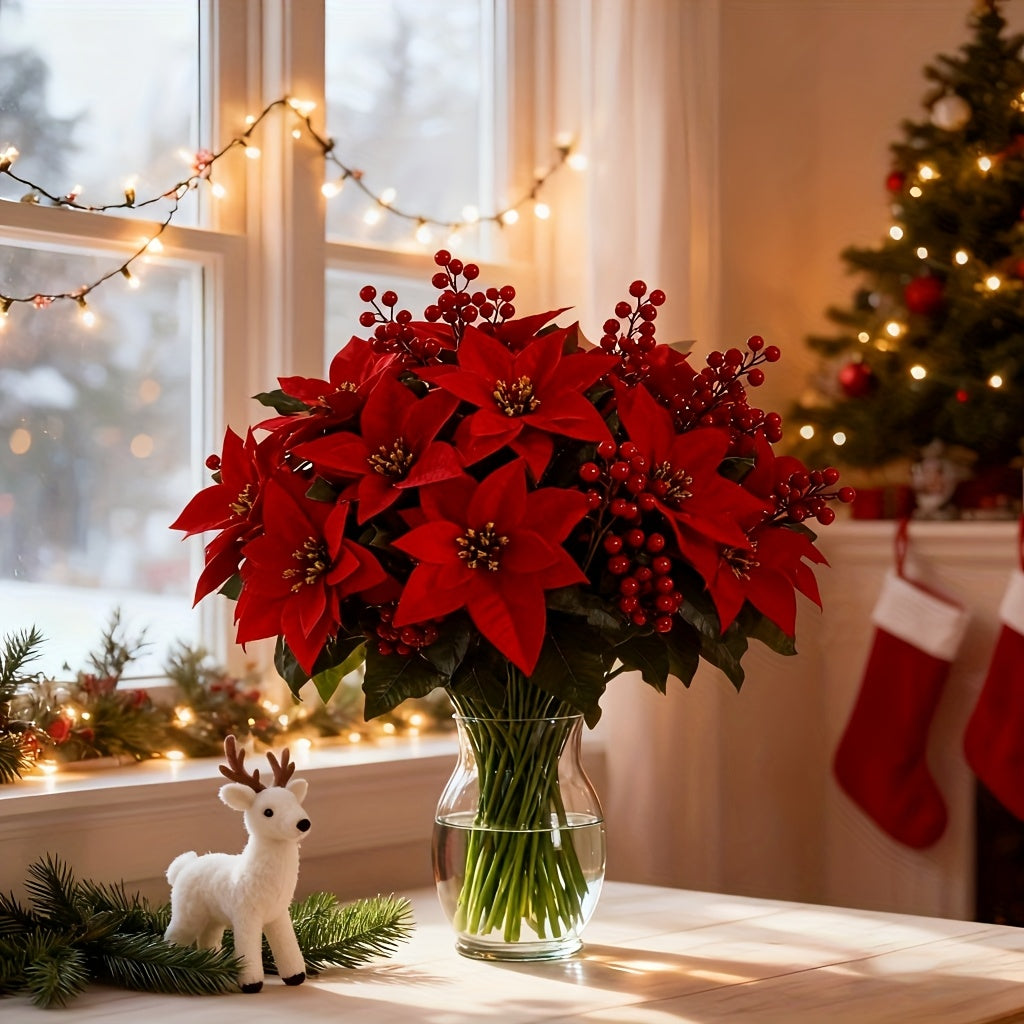 Artificial Poinsettia Branches (12 pcs) – Red Flowers & Berries Christmas Décor