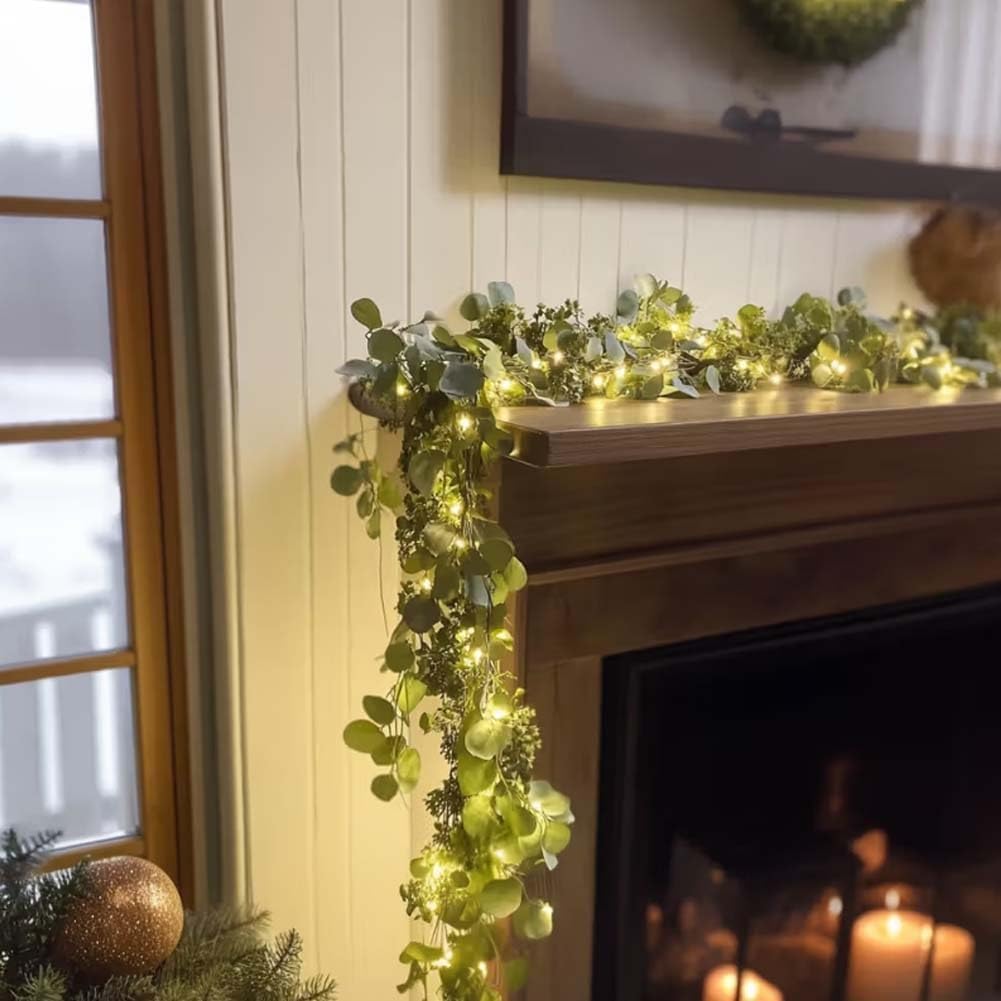 4pcs 78.74-Inch 20-Light Eucalyptus Leaf Wreath String Pendant with Teardrop Top - Battery-Powered Christmas Decoration with Warm Light, Realistic Leaves, Perfect for Centerpieces, Holiday Decorations, Classic Design.