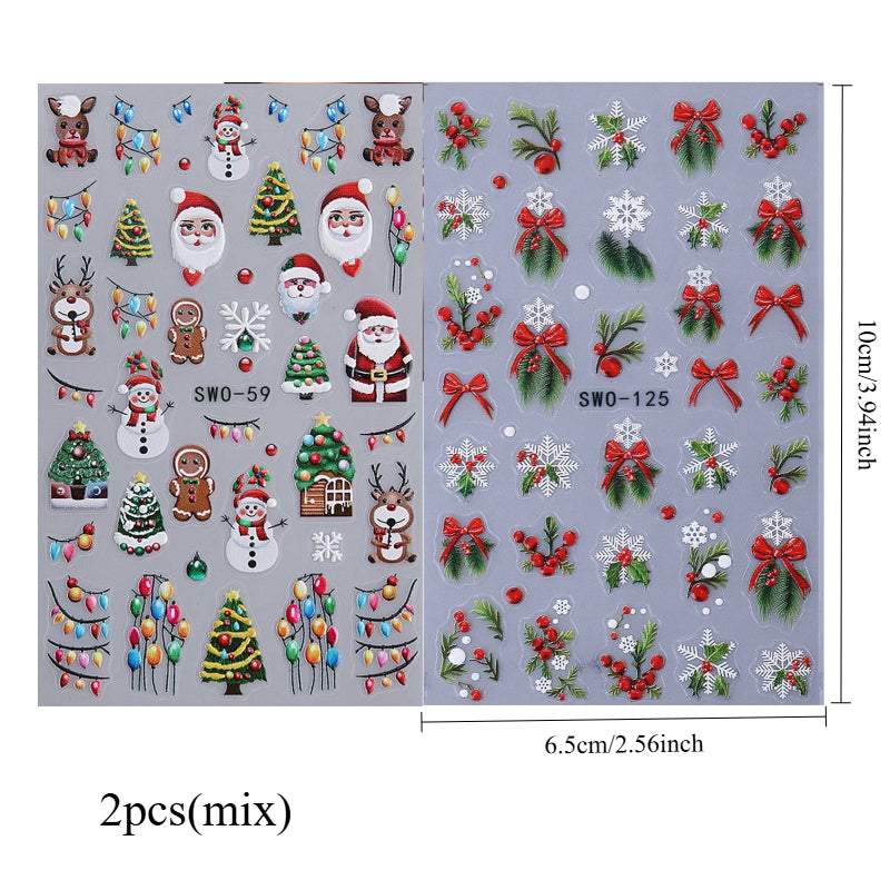 2pcs Self-Adhesive 5D Embossed Christmas Nail Stickers - Red & Golden Holly Berry Snowflake 3D Decals, DIY Winter Nail Art with Sliders for Press-On Nails, Glossy (No Glue) - Plastic Holiday Manicure for Parties & Gifts