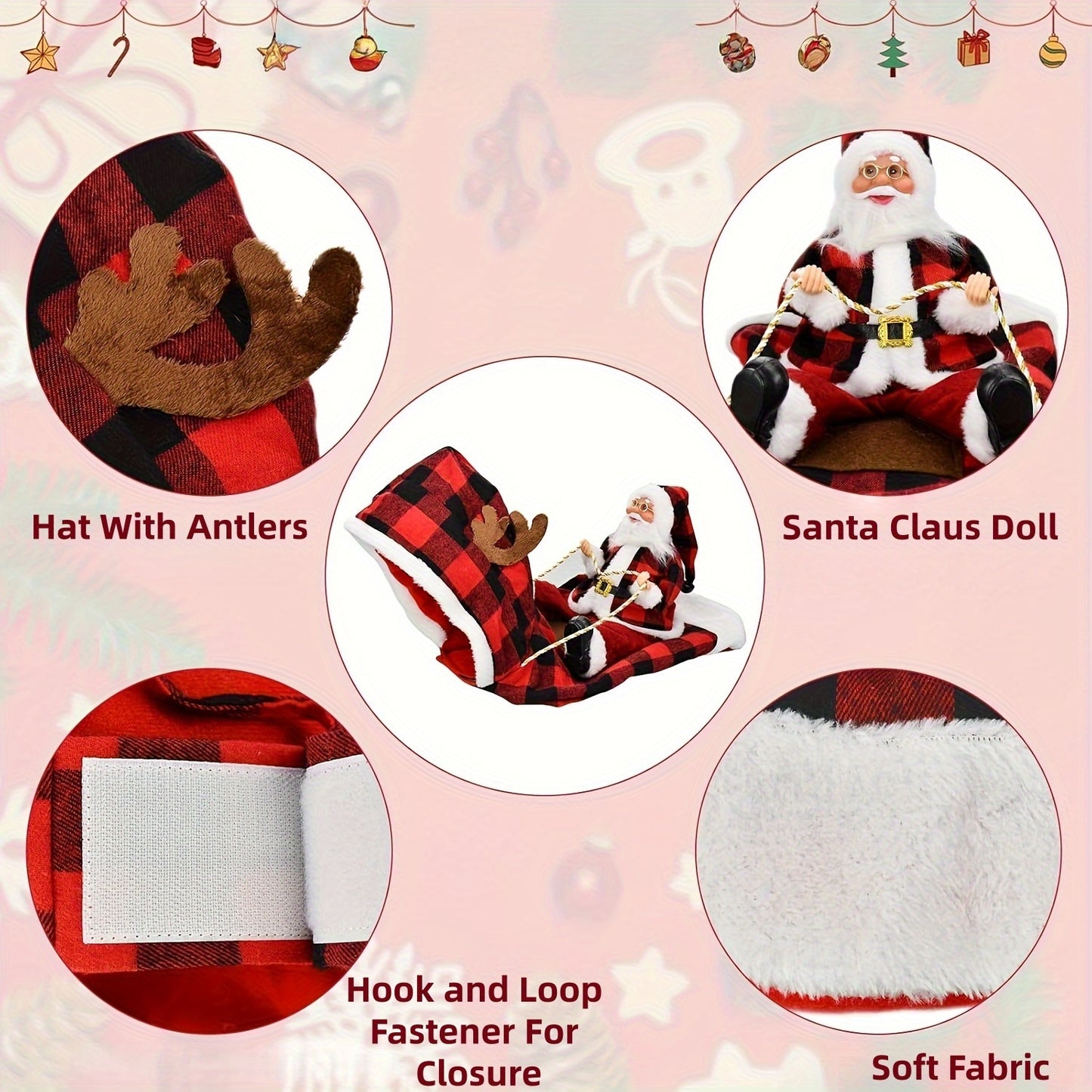 Dog & Cat Christmas Costume - Santa Claus Riding Hooded Coat with Plaid Winter Outfit, Magic Tape Closure, Soft Xmas Dog Clothes for Medium Dogs & Cats, Holiday Party Attire & Pet Photo Shoots