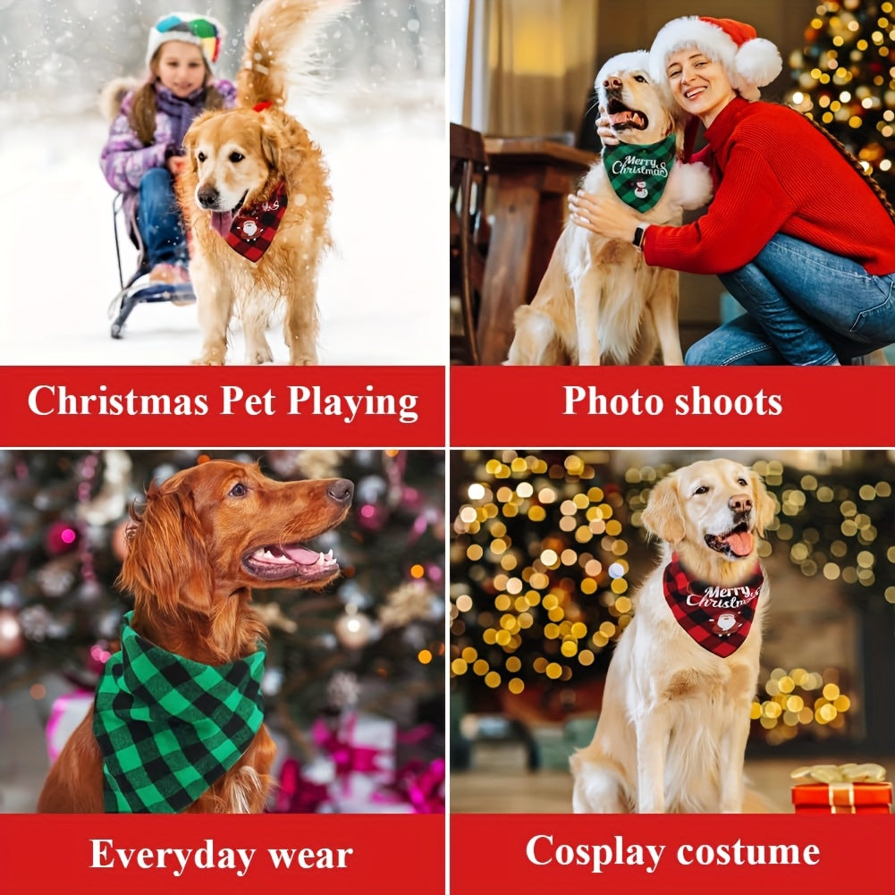 Christmas Dog Bandana- Santa Print& "Merry Christmas" Plaid Bib for Small/Medium Dogs- Adjustable Holiday Party Accessory- Festive Cozy Fit Pet Scarf