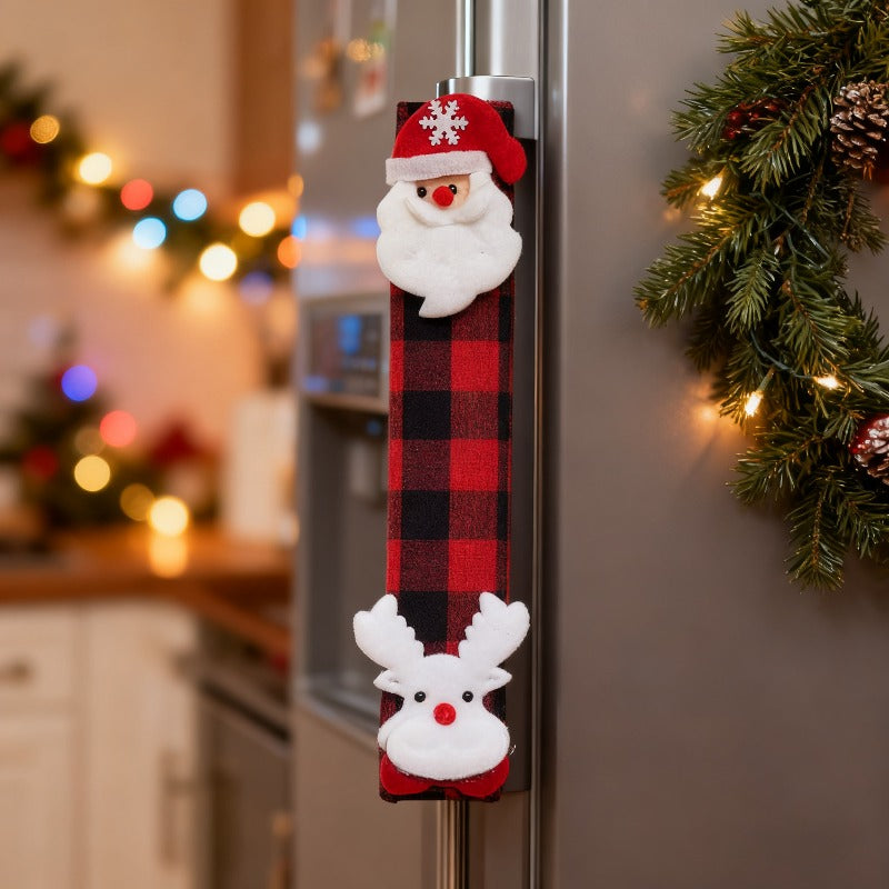 Festive Christmas Oven & Fridge Handle Cover with Plaid & Reindeer Antlers - Red/Green/Black Fabric Appliance, Battery-Free ic-like Fridge Door for Refrigerator & Stove (Compatible with Most Ovens) - Holiday Home