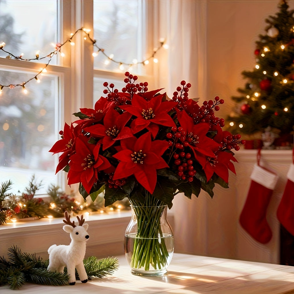 Artificial Poinsettia Branches (12 pcs) – Red Flowers & Berries Christmas Décor