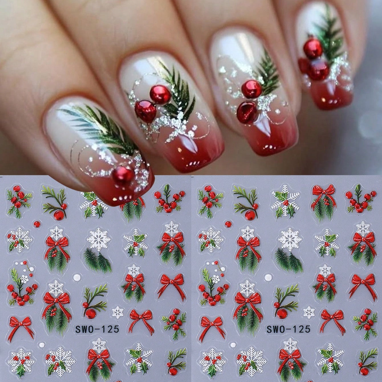 2pcs Self-Adhesive 5D Embossed Christmas Nail Stickers - Red & Golden Holly Berry Snowflake 3D Decals, DIY Winter Nail Art with Sliders for Press-On Nails, Glossy (No Glue) - Plastic Holiday Manicure for Parties & Gifts