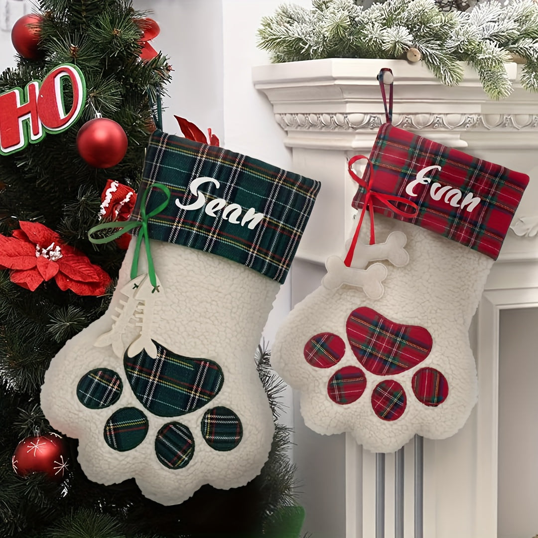 Personalized Christmas Stocking with Name – Santa & Paw Print Holiday Stocking