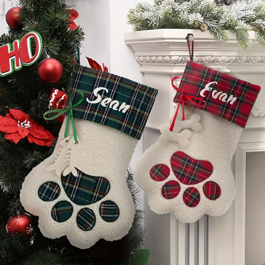 Personalized Christmas Stocking with Name – Santa & Paw Print Holiday Stocking
