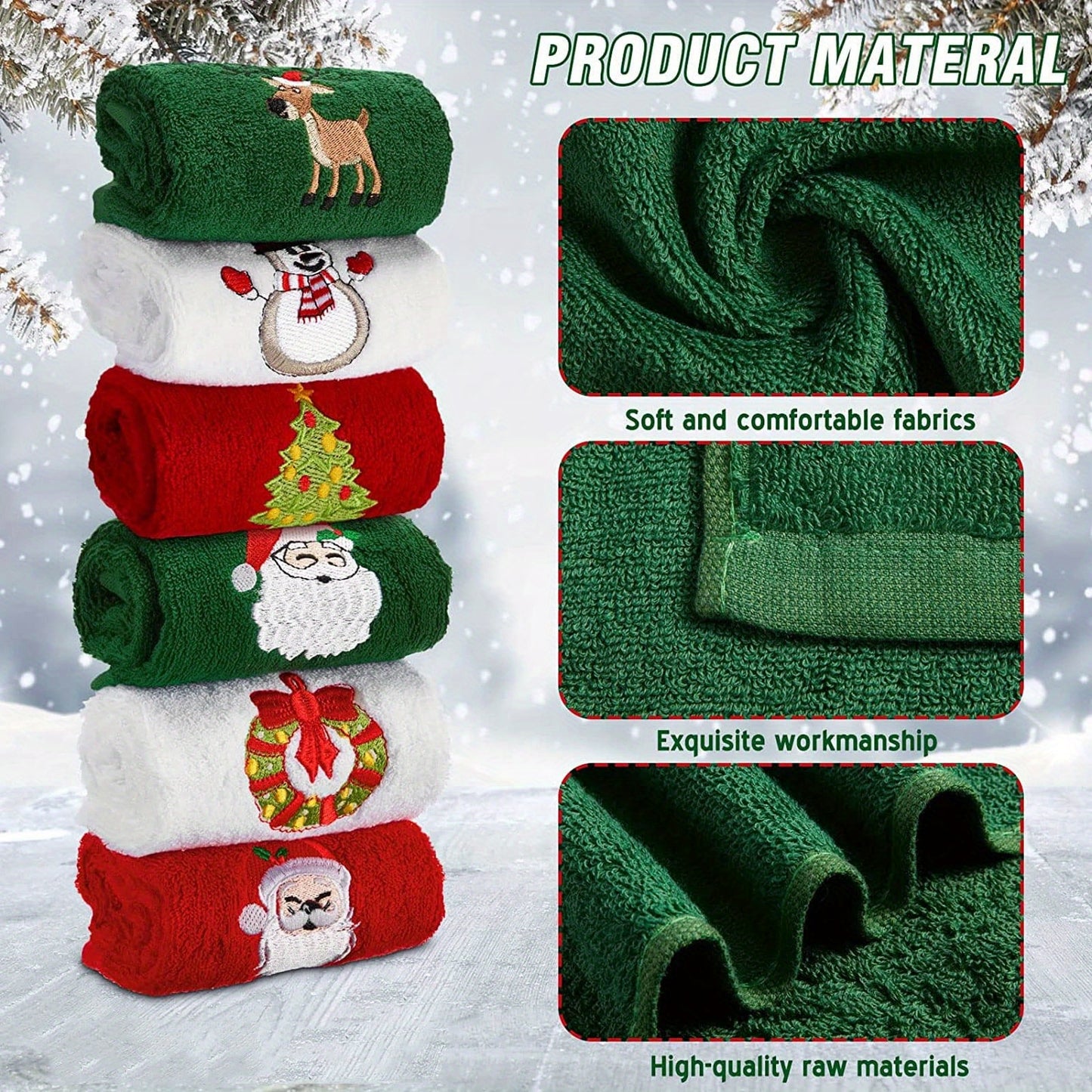 [Christmas] Set of Three Decorative Hand Towels for Christmas Featuring Embroidered Designs of Santa Claus, a Reindeer, a Snowman, And a Christmas Tree. Ideal for Use in The Kitchen Or Bathroom, These Towels Are Perfect for D