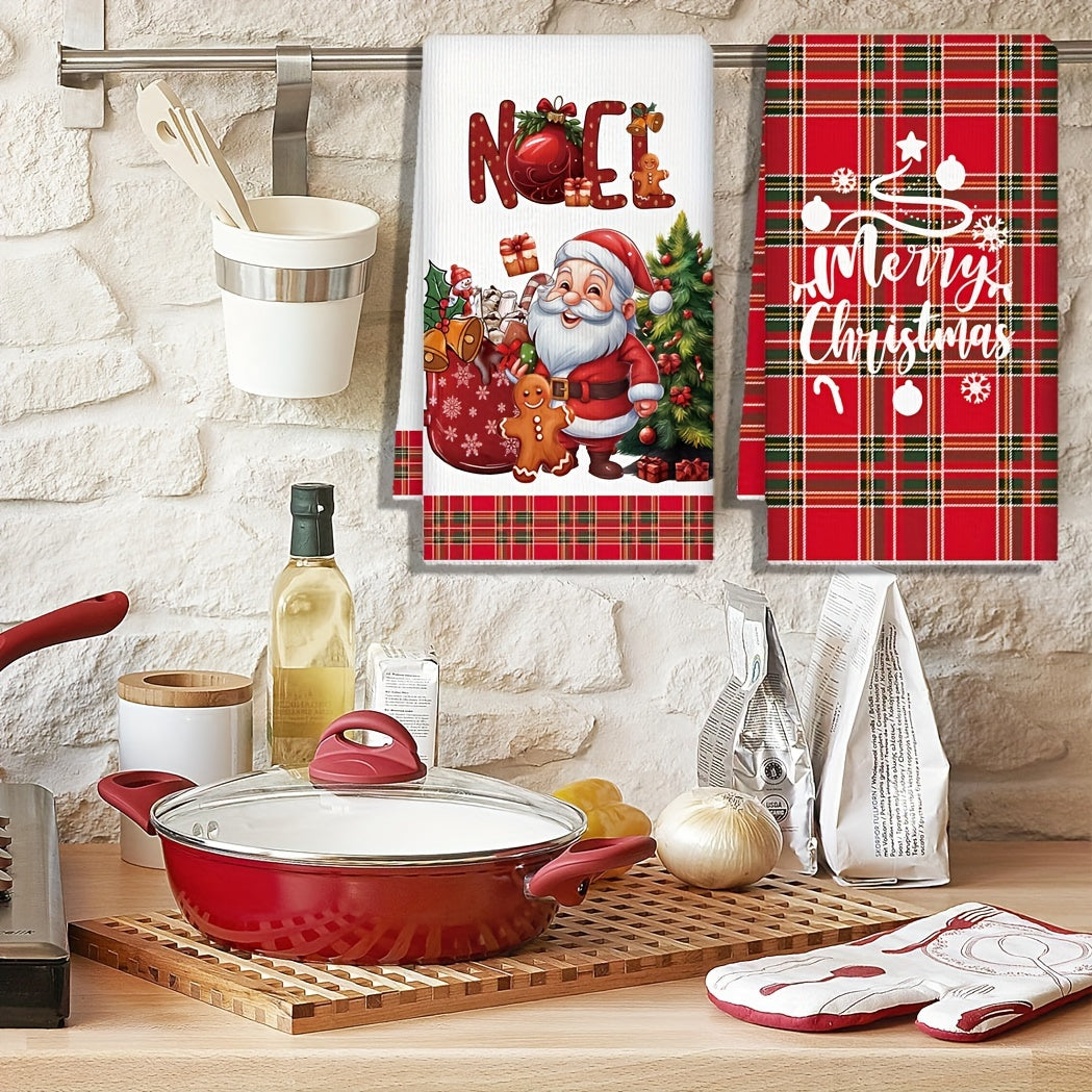 [Christmas Kitchen Towel] 1pc Christmas Kitchen Towel - Santa Claus & Reindeer Design, Red Plaid with White Trim, Quick-Dry Microfiber Dishcloth for Cooking, Baking, Housewarming Gift, Holiday Bathroom & Kitchen Decor
