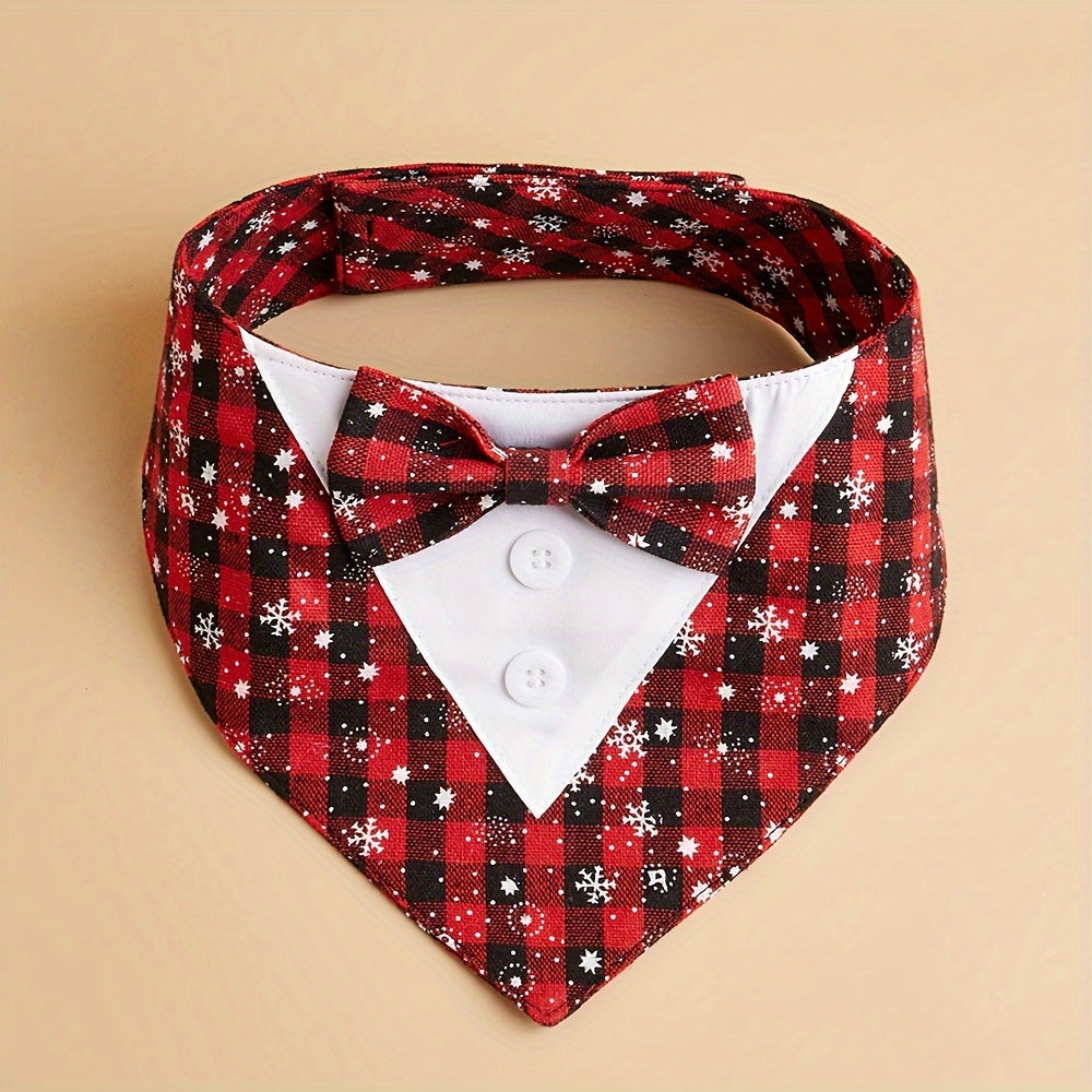All-Season Dog Scarf with Bow Tie - Red & Black Plaid Winter Snow Pattern, Magic Tape Closure for Small/Medium/Large Dogs, Cute Pet Apparel for Christmas & New Year Gifts, Year-Round Wearable Accessory