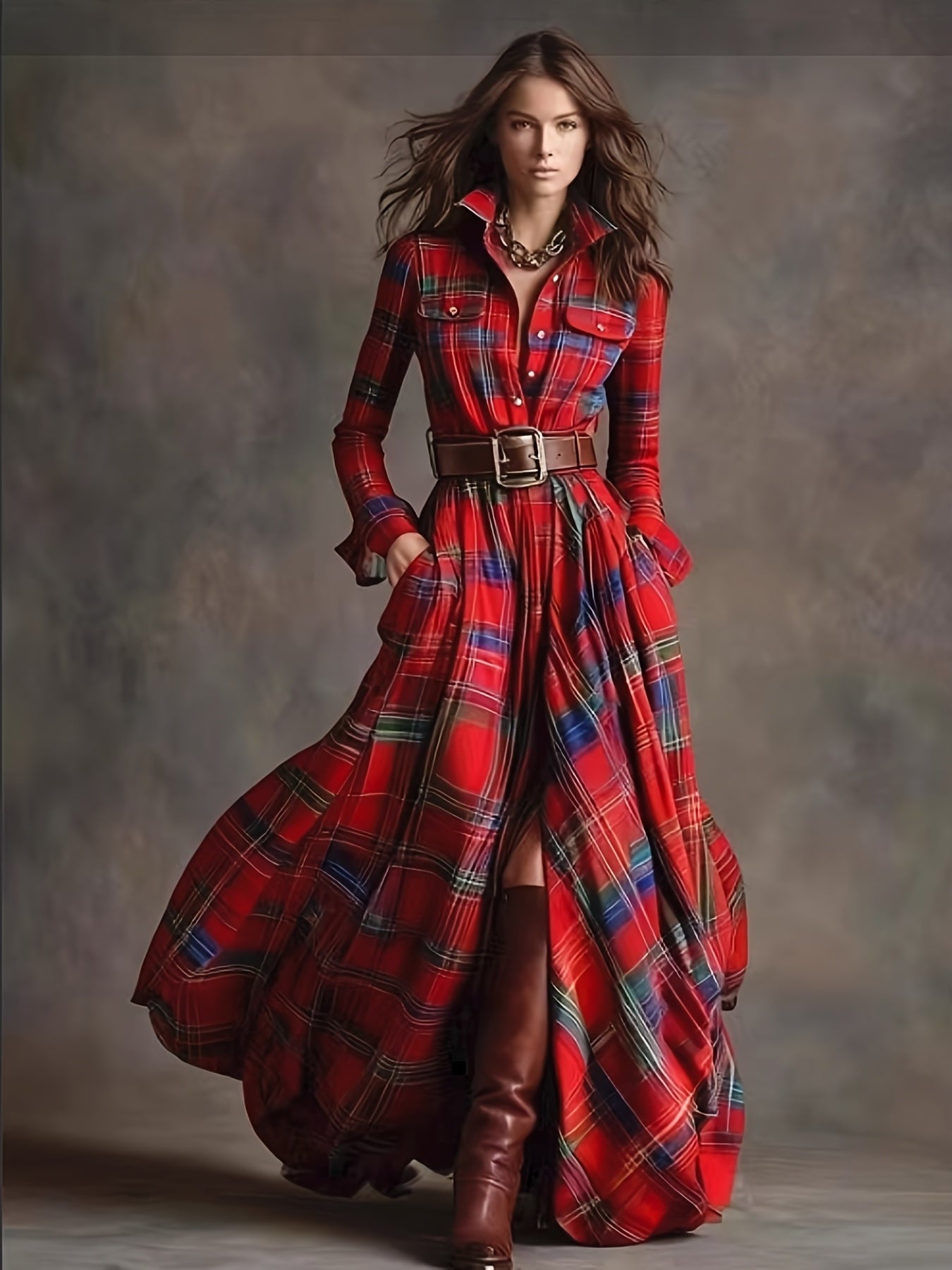 Women'S Vintage Shirt Dress - Long Formal & casual dresses with Turn- Collar, Flared Hem, All-Season Elegant office party Outfit in Brown/Red Plaid - Non-Padded Retro Attire