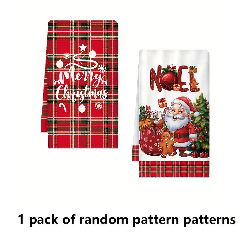 [Christmas Kitchen Towel] 1pc Christmas Kitchen Towel - Santa Claus & Reindeer Design, Red Plaid with White Trim, Quick-Dry Microfiber Dishcloth for Cooking, Baking, Housewarming Gift, Holiday Bathroom & Kitchen Decor
