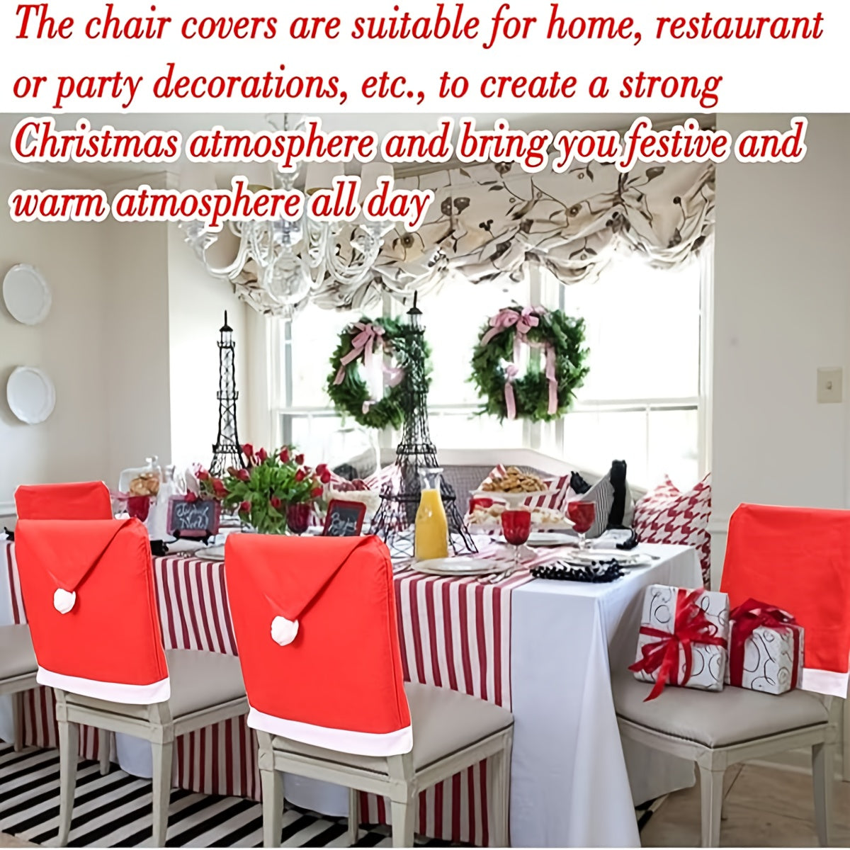 [Festive Red Chair Covers] 4pcs Festive Red Chair Covers with Santa Hat Design - Polyester, Hand Wash Only, Perfect for Christmas Dining & Living Room Decor, Adds Holiday Cheer to Your Table Setting, Christmas Decorations, Ch