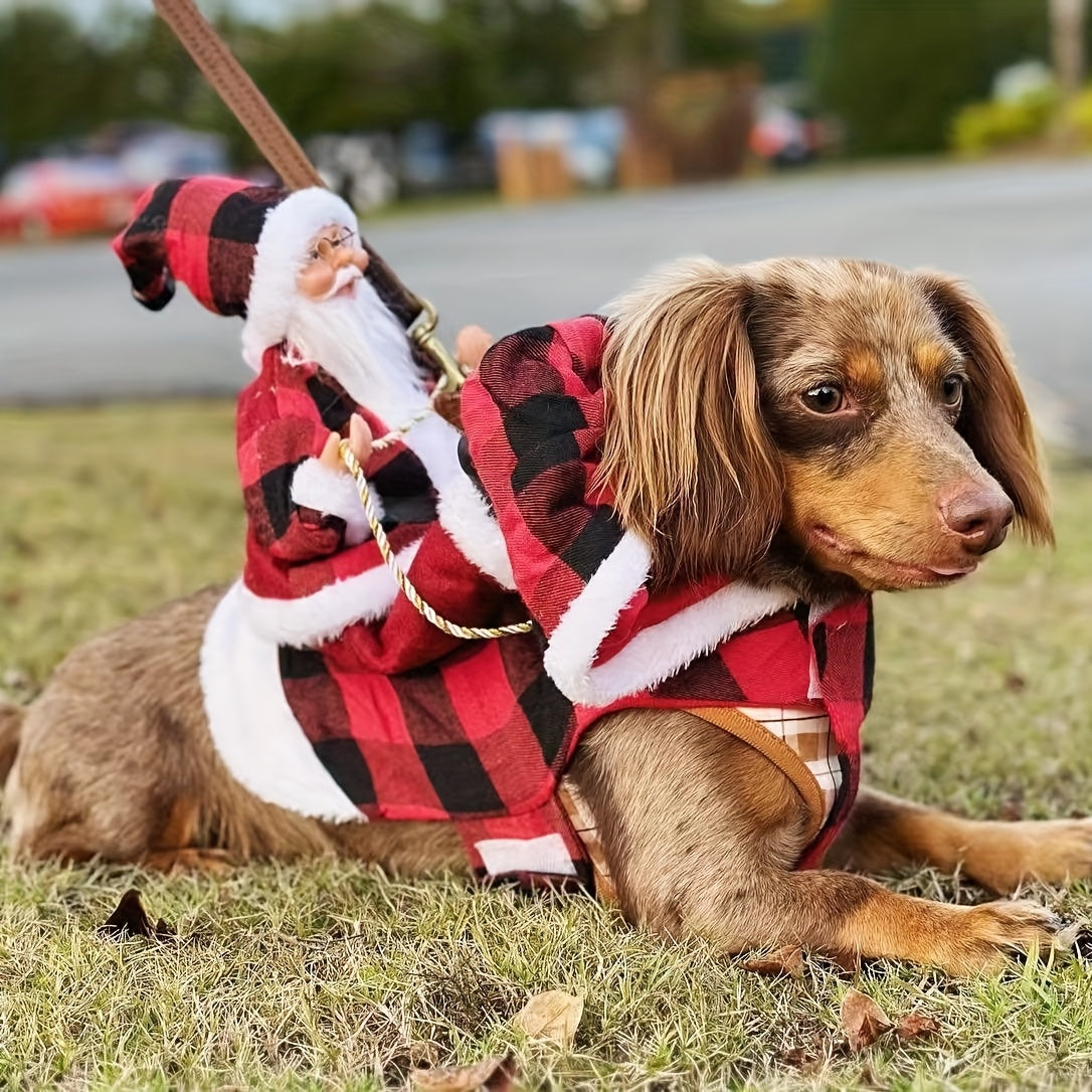 Dog & Cat Christmas Costume - Santa Claus Riding Hooded Coat with Plaid Winter Outfit, Magic Tape Closure, Soft Xmas Dog Clothes for Medium Dogs & Cats, Holiday Party Attire & Pet Photo Shoots