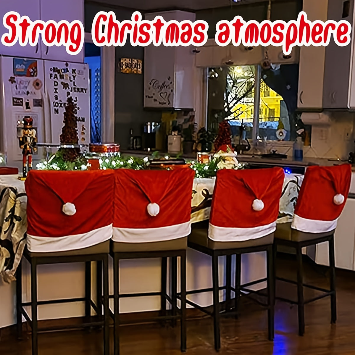 [Festive Red Chair Covers] 4pcs Festive Red Chair Covers with Santa Hat Design - Polyester, Hand Wash Only, Perfect for Christmas Dining & Living Room Decor, Adds Holiday Cheer to Your Table Setting, Christmas Decorations, Ch